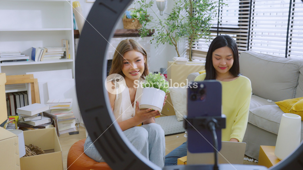 Asian woman friends couple talk to camera to sell goods at home. Young attractive business people female live streaming and showing product to customer in online retail
