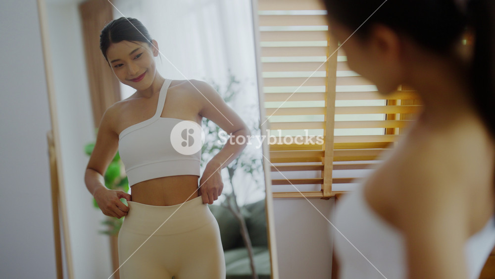 Slim body young Asian woman sporting cloth looking her body reflect in mirror at home. Healthy nutrition, fitness for wellbeing beauty. Weight lose, loss concept
