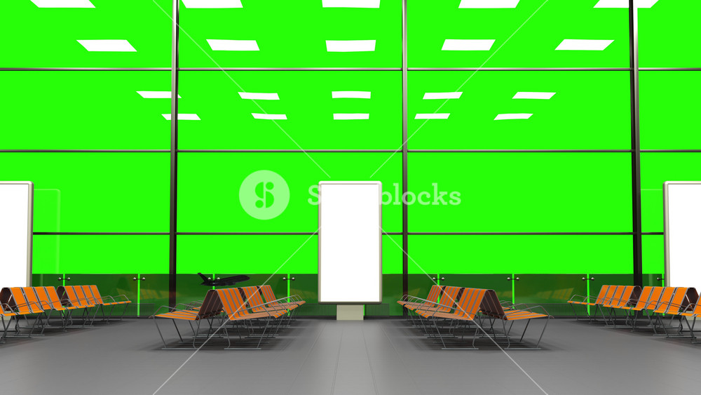The interior of the airport in the evening. Waiting room before departure at the airport. Green screen for chroma key alpha.