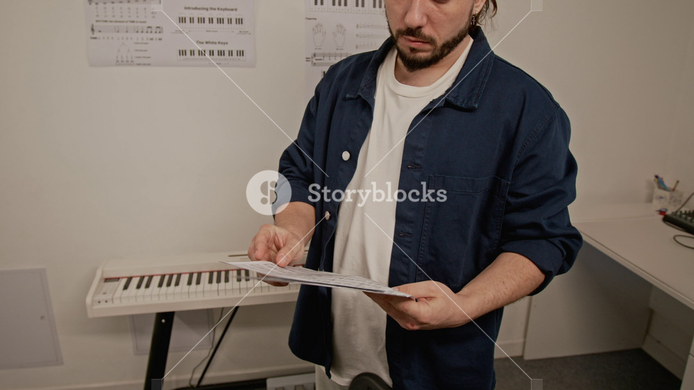 Zoom out shot of Caucasian music teacher explaining sheet music to African American teenager holding violin. Ideal for promoting private music lessons, arts education, and creative tutoring