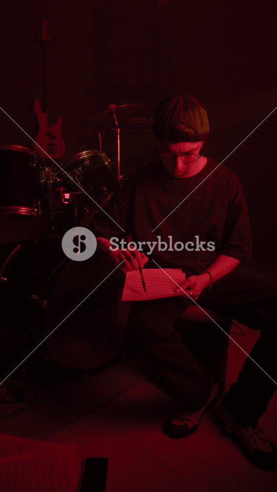 Vertical video of young male musician writing lyrics on sheet paper next to drum kit. Footage for music school promos or creative songwriting advertisements