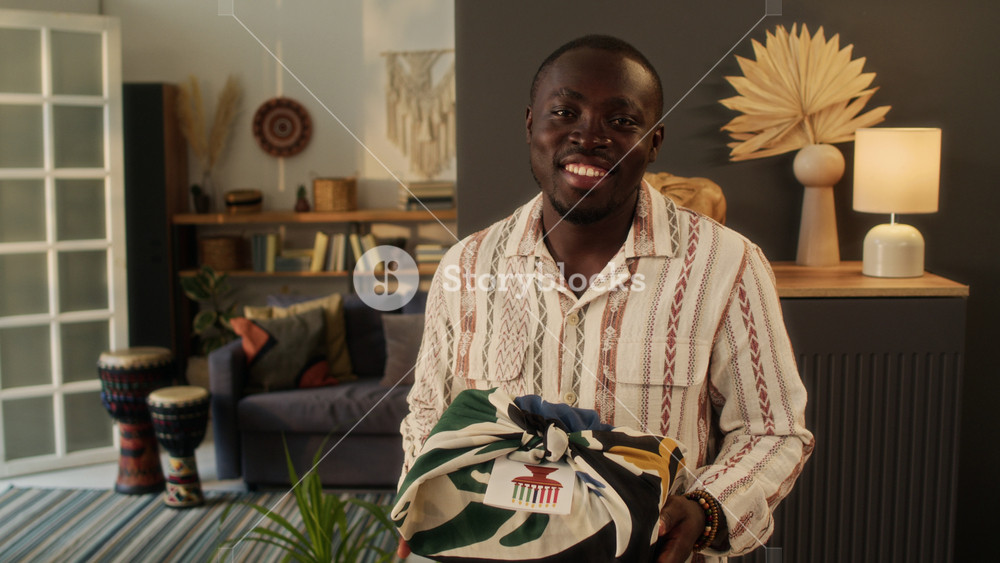 Zoom out portrait of positive Black gen Z man with gift box wrapped in cloth smiling at camera at home Kwanzaa party with glowing candles in kinara on table