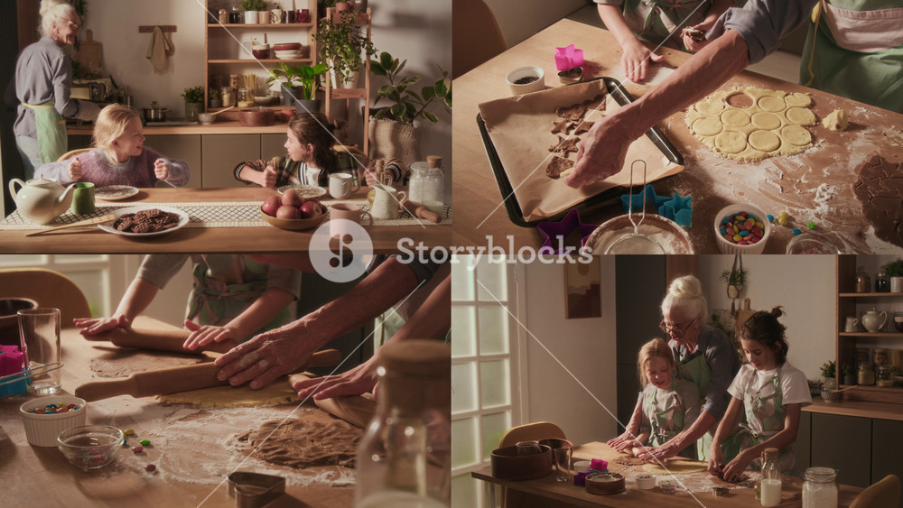 Split screen of granny rolling out dough with grandkids, they putting dough circles on parchment paper, senior lady showing baking tray with cookies to excited siblings waiting for treat at table