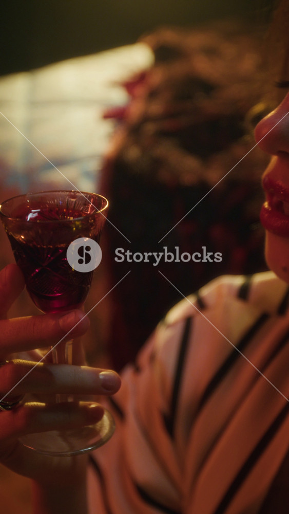 Vertical close-up shot of vampire woman delicately sipping dark blood from elegant glass, wearing light-colored, striped garment