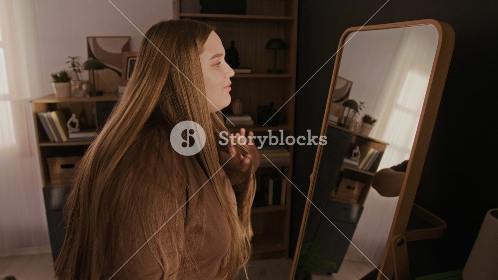 Portrait of plus-size Caucasian young adult woman looking in mirror, touching long hair, turning to camera and smiling. Clip is suitable for body positivity and self-care marketing