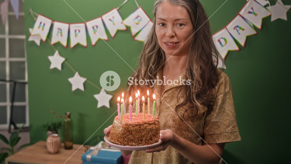 Tilt up portrait of long-haired woman wearing party hat smiling for camera holding birthday cake with burning candles at home