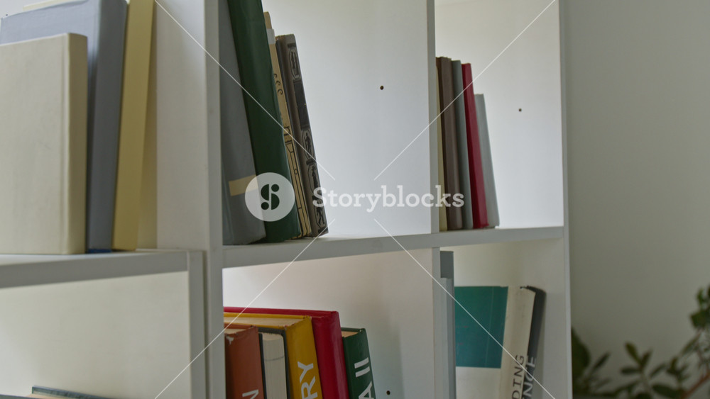 Close-up tilt-down no people shot of white bookcase with neatly organized mathematics, algebra, and chemistry books in classroom