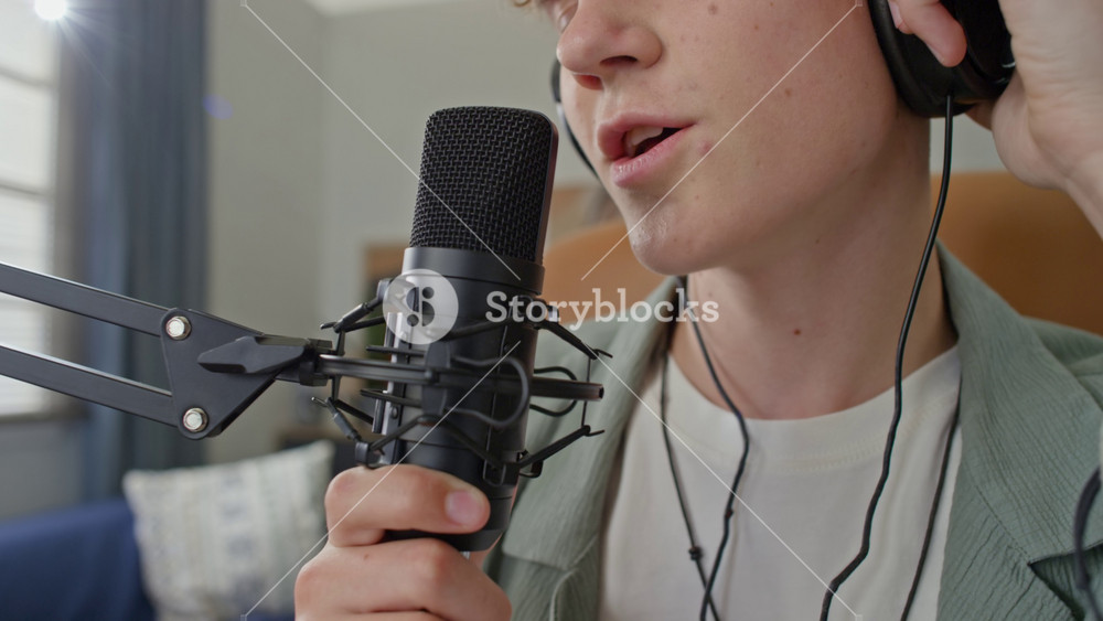Close-up shot of half face of Caucasian young man wearing headphones singing into microphone attached to boom arm with blurred background at home