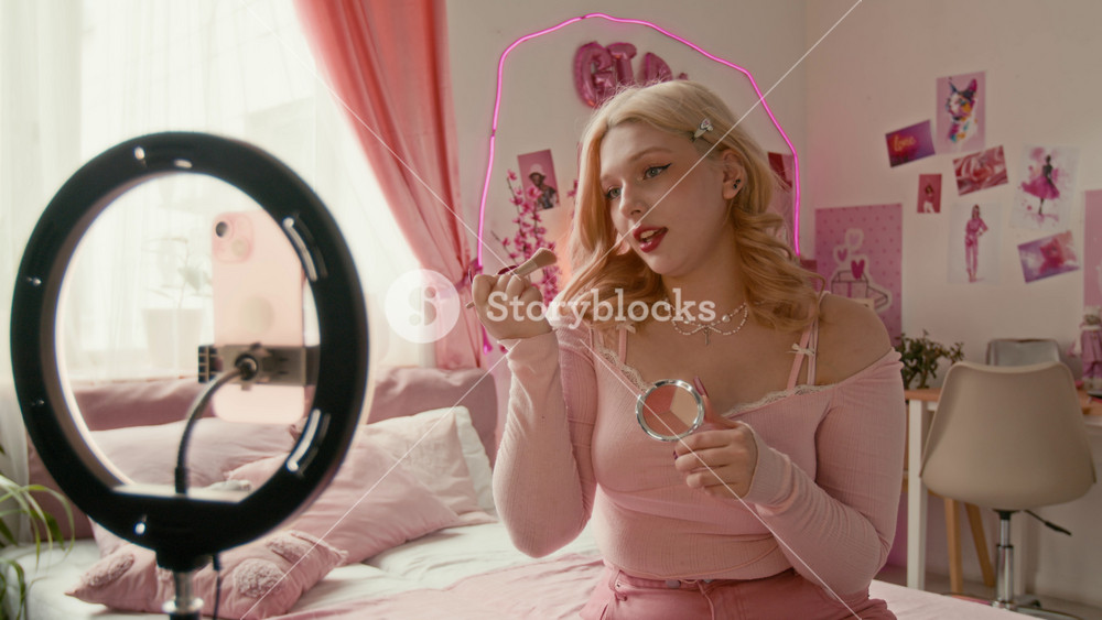 Young blonde girl in pink top filming beauty blog and doing her make up on smartphone camera in her pink-themed bedroom