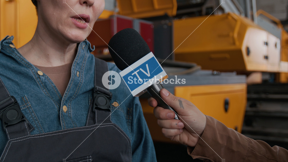 Close up on microphone in hand of TV journalist interviewing middle aged female mechanical engineer wearing overalls while standing on machinery shop floor of industrial factory