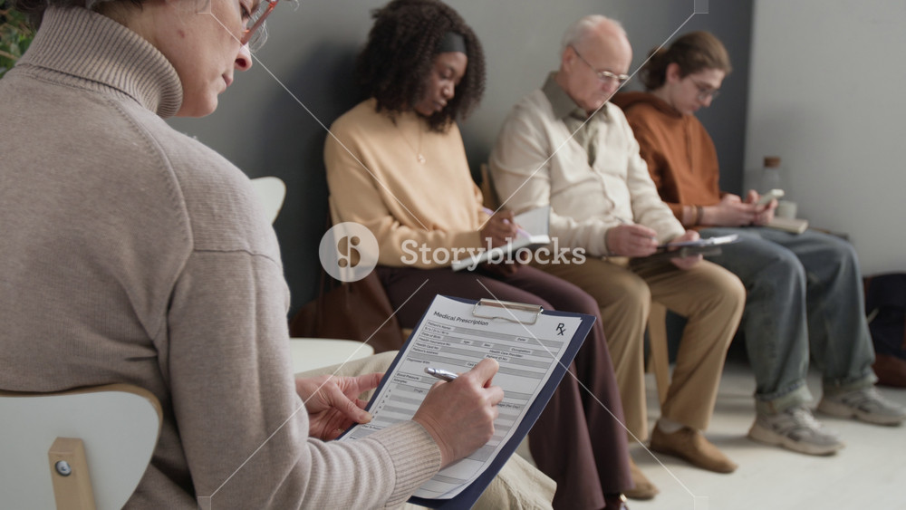 Over shoulder shot of mature female Caucasian patient writing in medical document on clipboard in waiting room in hospital, diverse patients visible in background