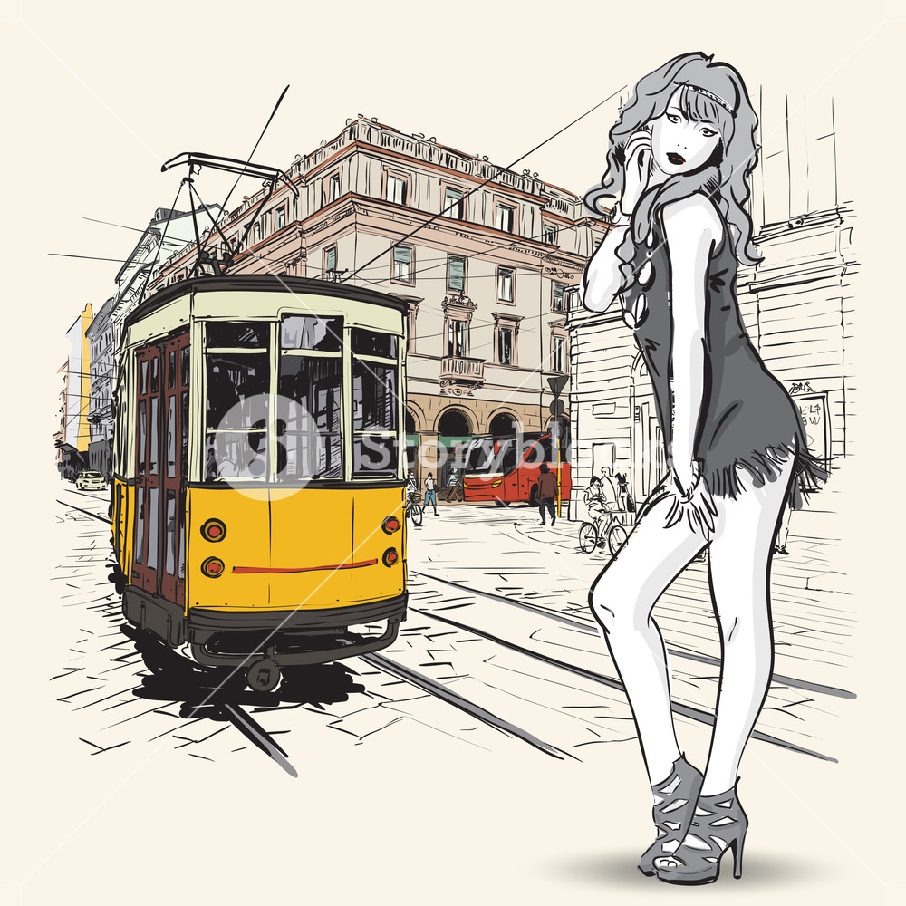 Vector Illustration of a Stylish Woman and Vintage Tram