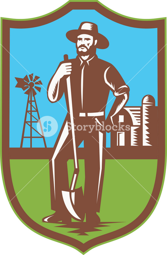 Farmer With Spade Windmill Farm Barn Retro Royalty-Free Stock Vector ...