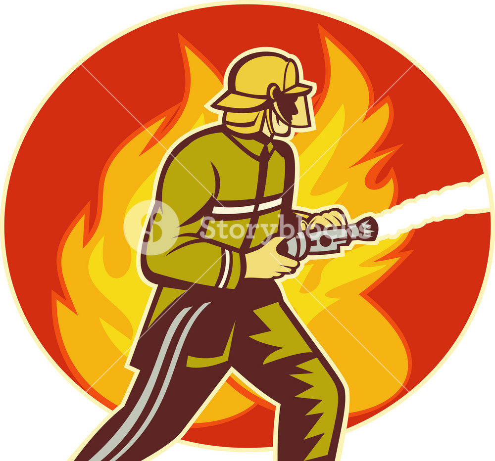 Firefighter Fireman With Water Hose Fighting Fire Royalty-Free Stock ...