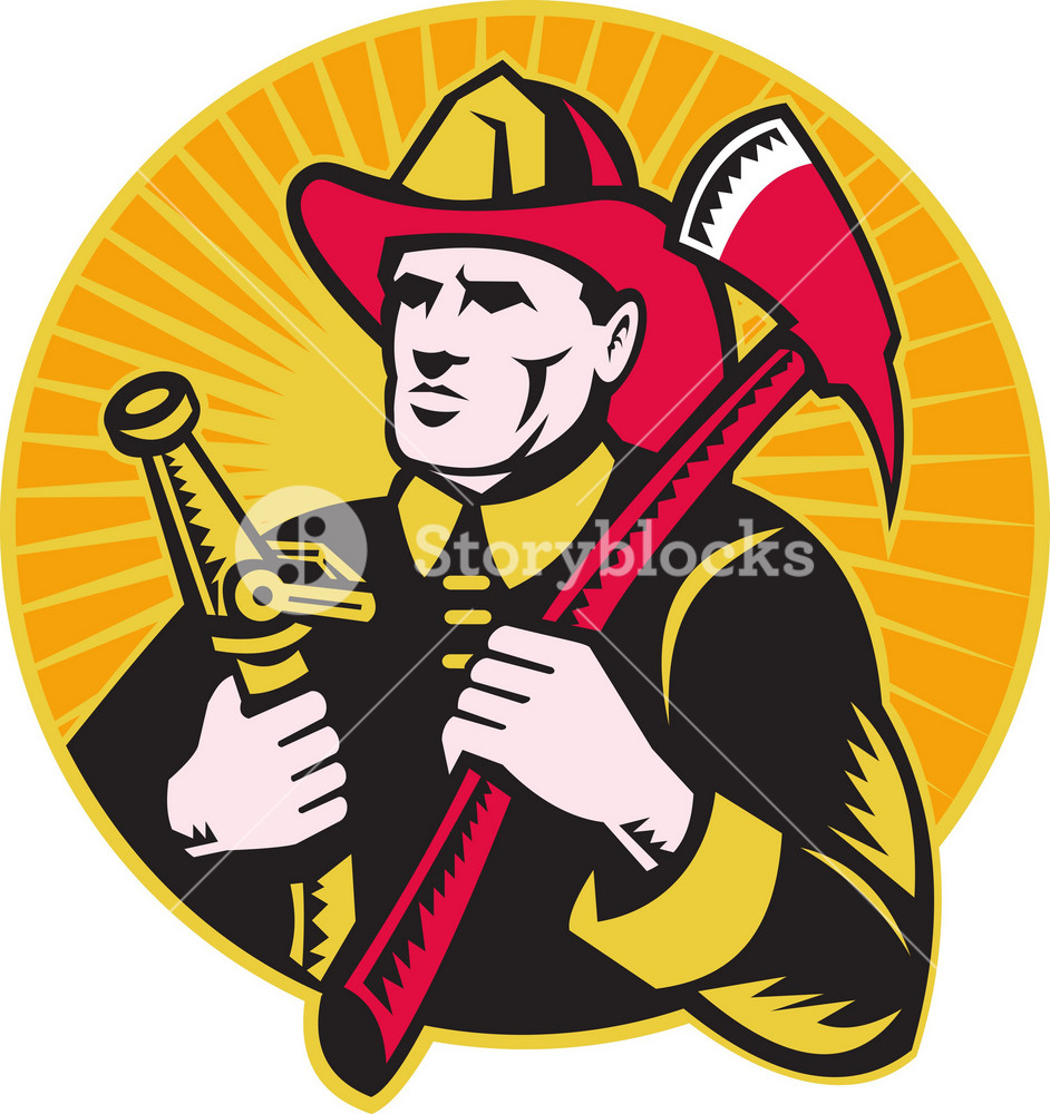 Fireman Firefighter Holding Ax Fire Hose Royalty-Free Stock Vector SBI ...