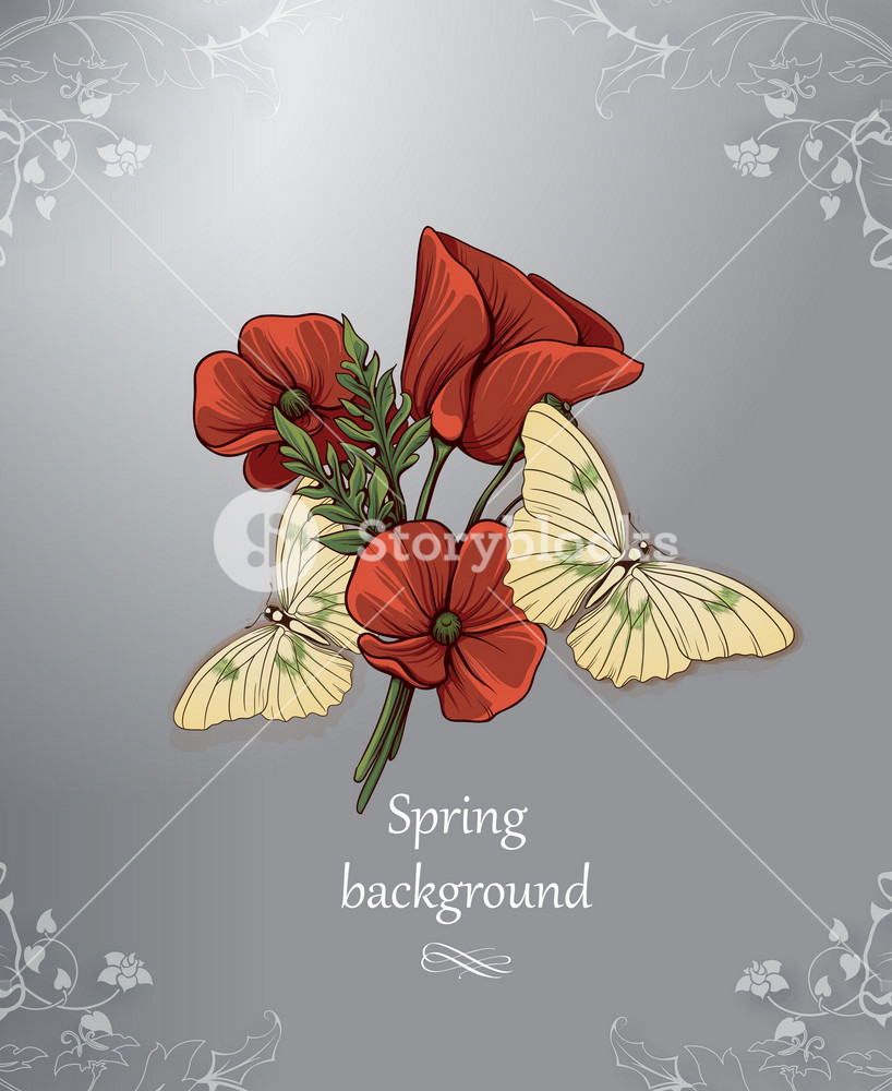 Floral Background Vector Illustration With Butterflies And Spring ...