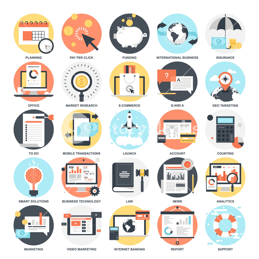 Abstract vector collection of colorful flat business and finance icons ...