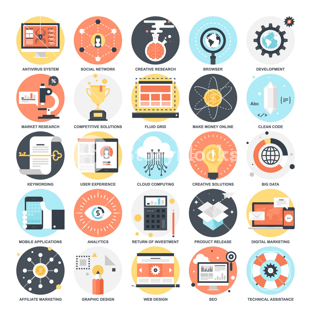 Abstract vector collection of colorful flat SEO and development icons ...