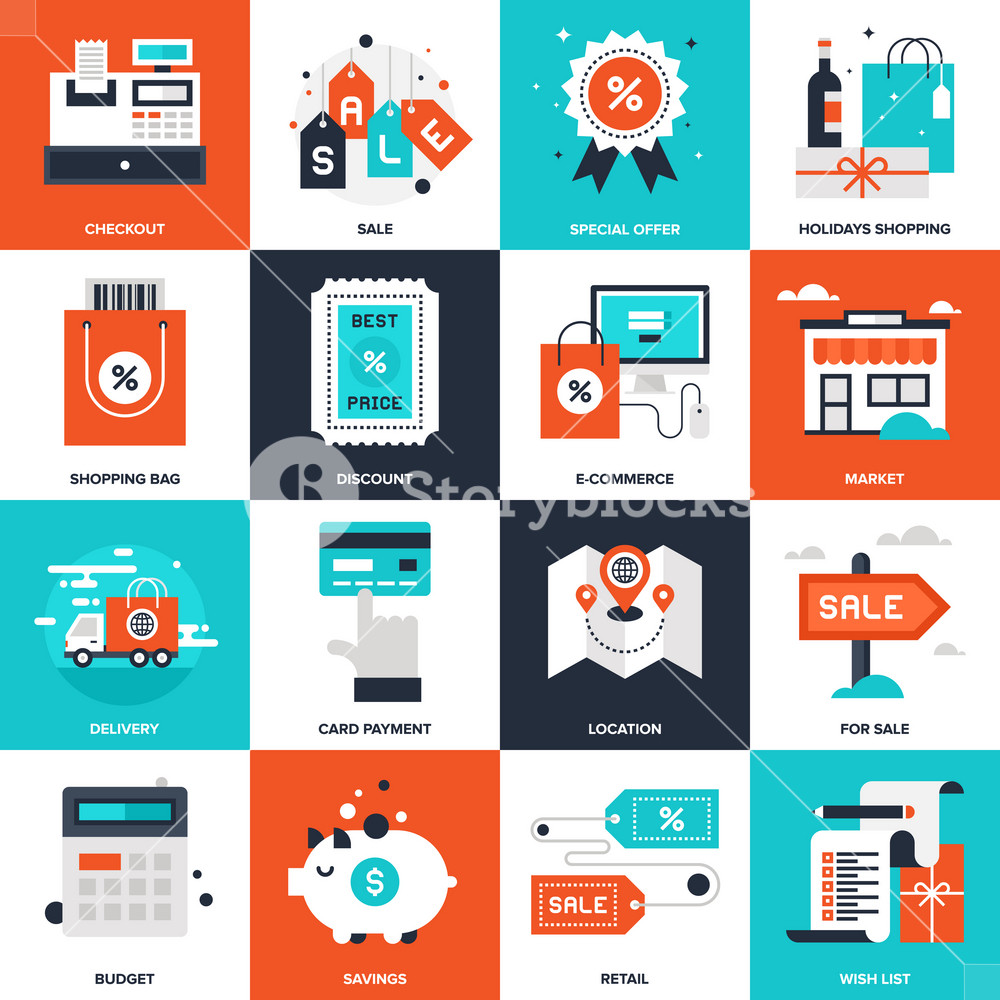 Abstract vector collection of flat shopping and commerce icons. Royalty ...