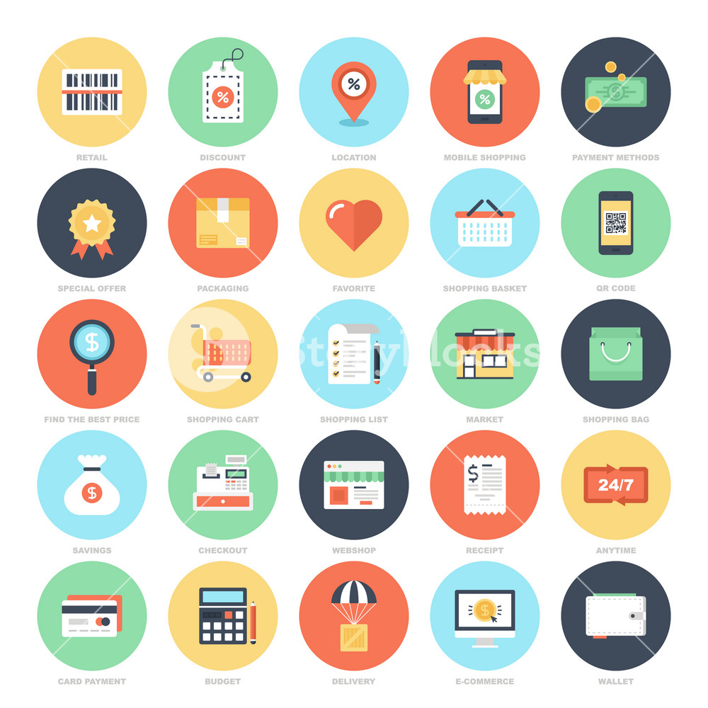 Abstract vector set of colorful flat shopping and commerce icons ...