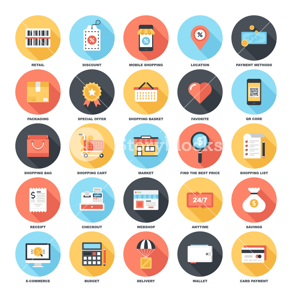 Abstract vector set of colorful flat shopping and commerce icons with ...