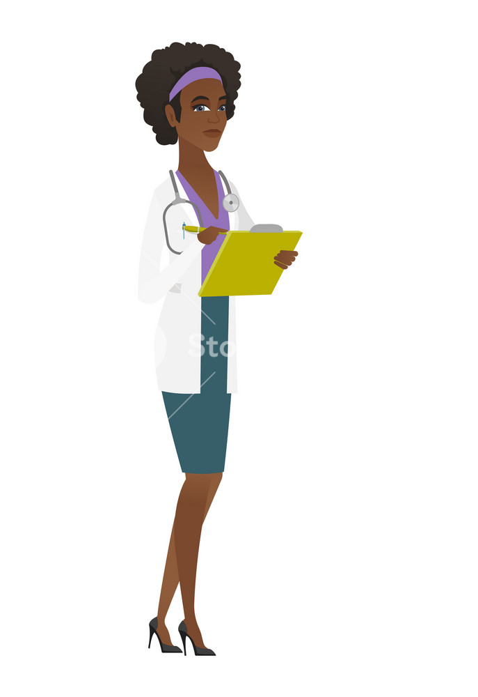 African-american doctor writing notes in a notepad. Doctor writing results of medical examination. Doctor writing medical prescription. Vector flat design illustration isolated on white background.