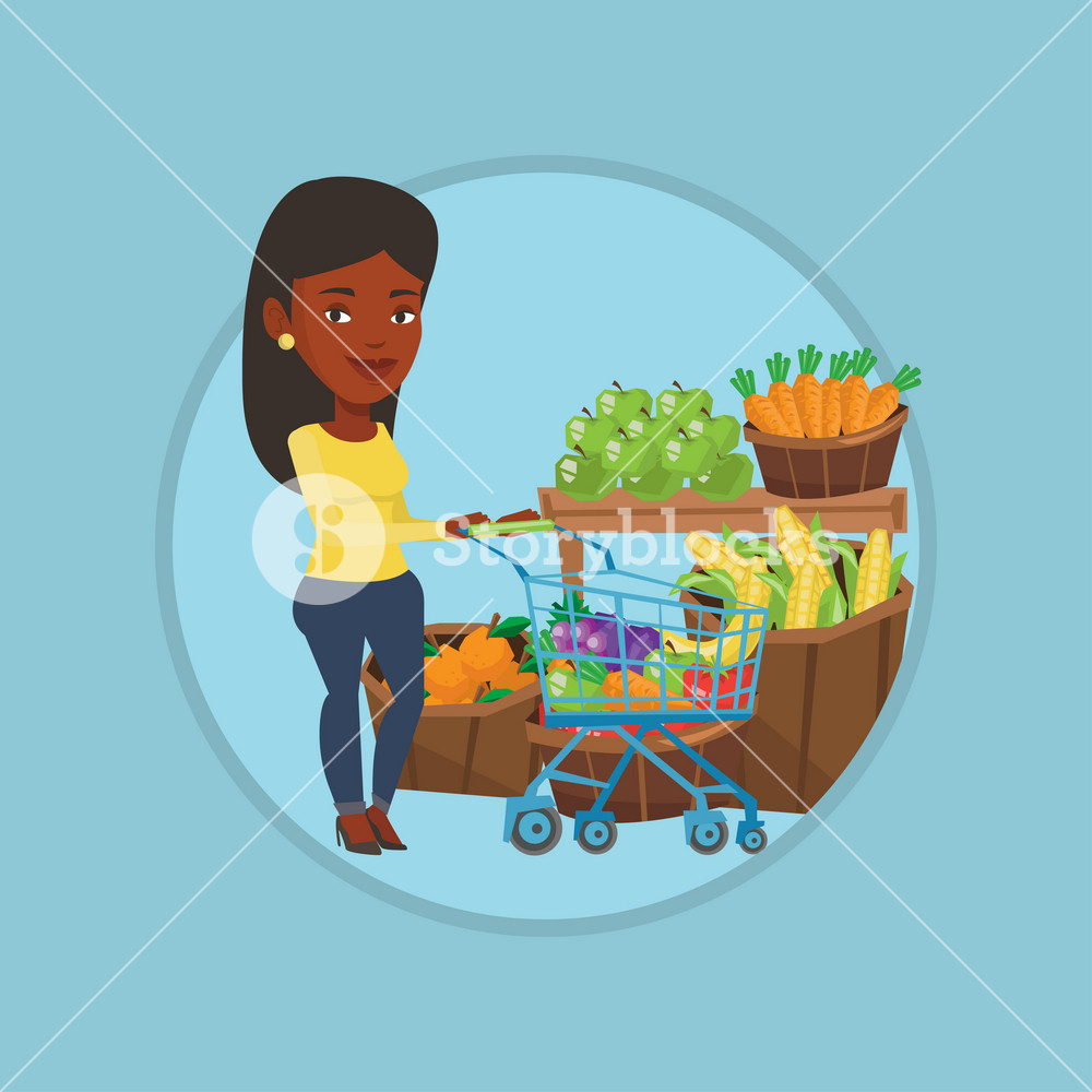 African-american woman pushing a supermarket cart with some healthy products in it. Customer shopping at supermarket with cart. Vector flat design illustration in the circle isolated on background.