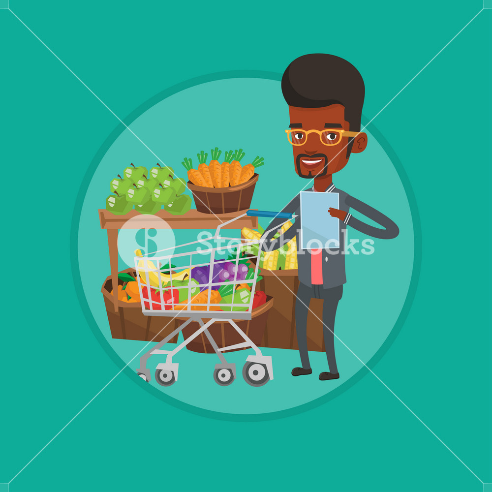 African man checking shopping list. Man holding shopping list near shopping trolley with products. Man writing in shopping list. Vector flat design illustration in the circle isolated on background.