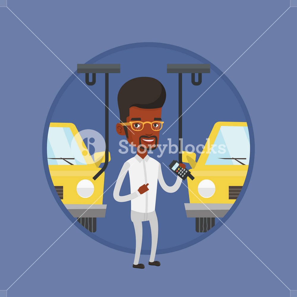 African worker of car factory. Engineer at work on car factory. Man controlling automated assembly line for cars. Car production. Vector flat design illustration in the circle isolated on background.