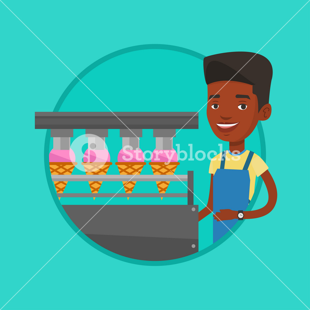 Worker in Ice Cream Factory. Young man on production line. Vector illustration in circle.