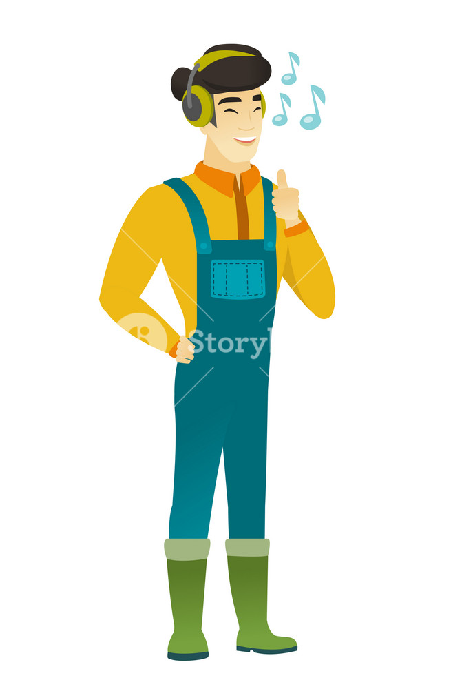 Asian farmer in coveralls listening to music in headphones. Full length of farmer with closed eyes listening to music in headphones. Vector flat design illustration isolated on white background.