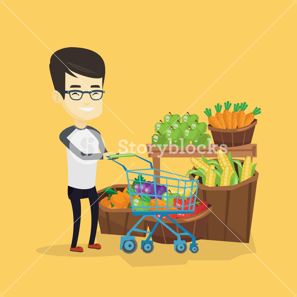 Asian man pushing supermarket cart with some healthy products in it. Man shopping at supermarket with cart. Man buying healthy products in supermarket. Vector flat design illustration. Square layout.