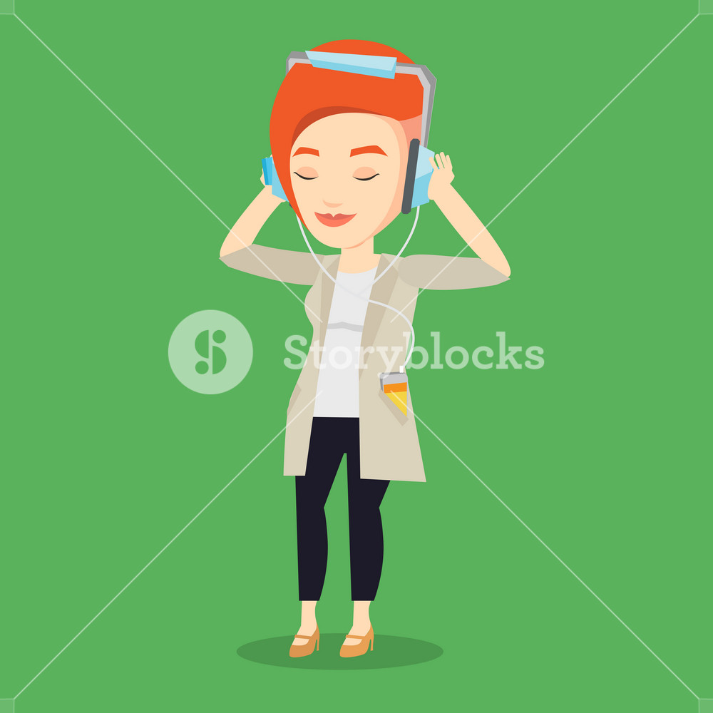 Woman listening to music on her smartphone. Young woman in headphones enjoying music. Relaxed woman with eyes closed enjoying music. Vector flat design illustration. Square layout.