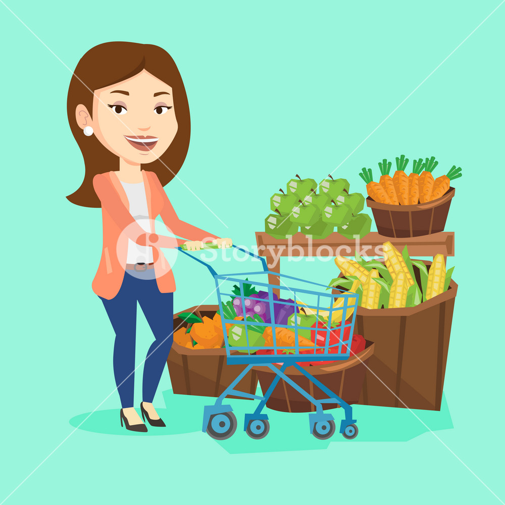 Caucasian woman pushing a supermarket cart with some healthy products in it. Customer shopping at supermarket with cart. Woman buying healthy products. Vector flat design illustration. Square layout.
