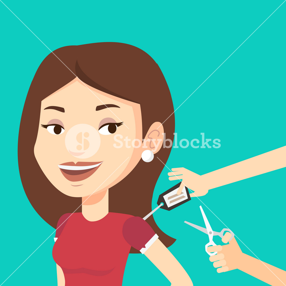 Woman removing price tag off new t-shirt. Woman cutting label off new clothes with scissors. Woman shopping at clothes store. Vector flat design illustration. Square layout.