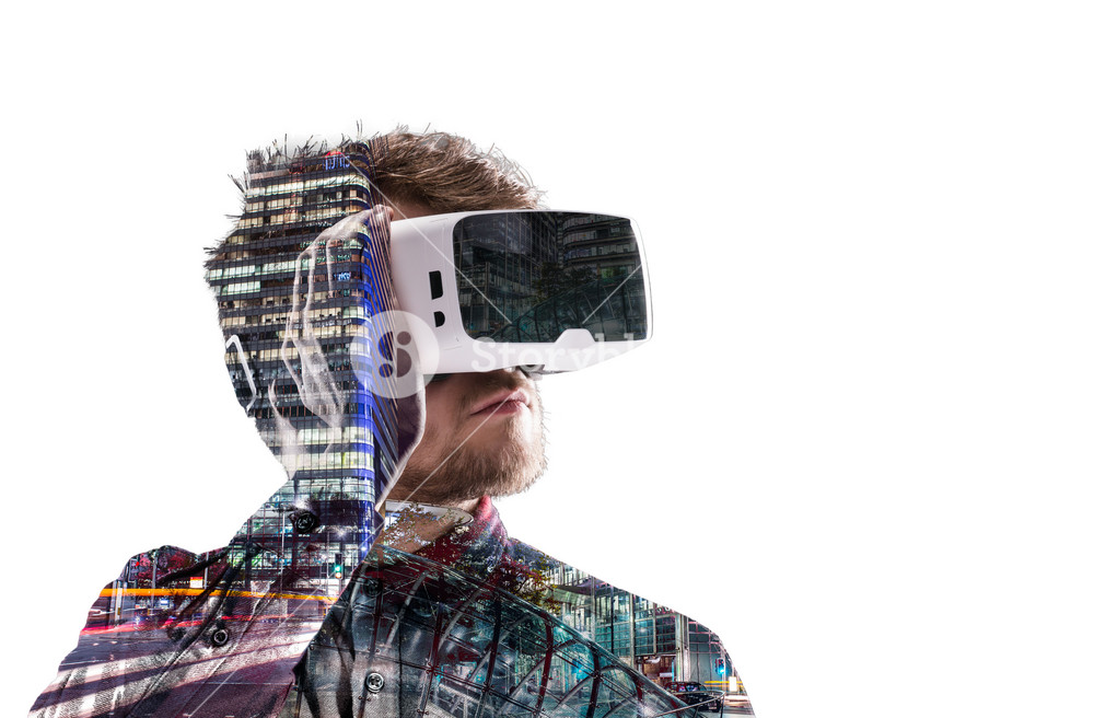 Double exposure. Hipster man in denim shirt wearing virtual reality ...