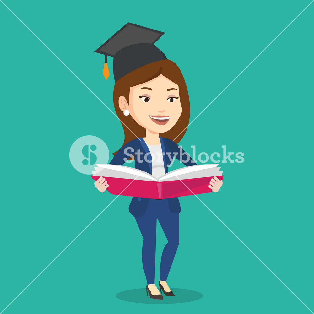 Graduate standing with a big open book in hands. Smiling female student ...