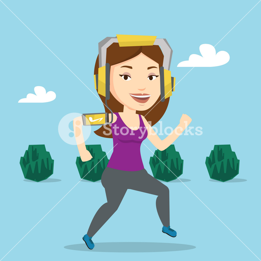 Joyful woman jogging with earphones and armband for phone. Young woman using phone to listen to music while jogging in the park. Vector flat design illustration. Square layout.