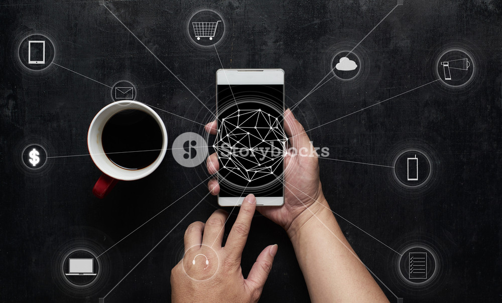Man using digital device make payments online shopping and icon ...