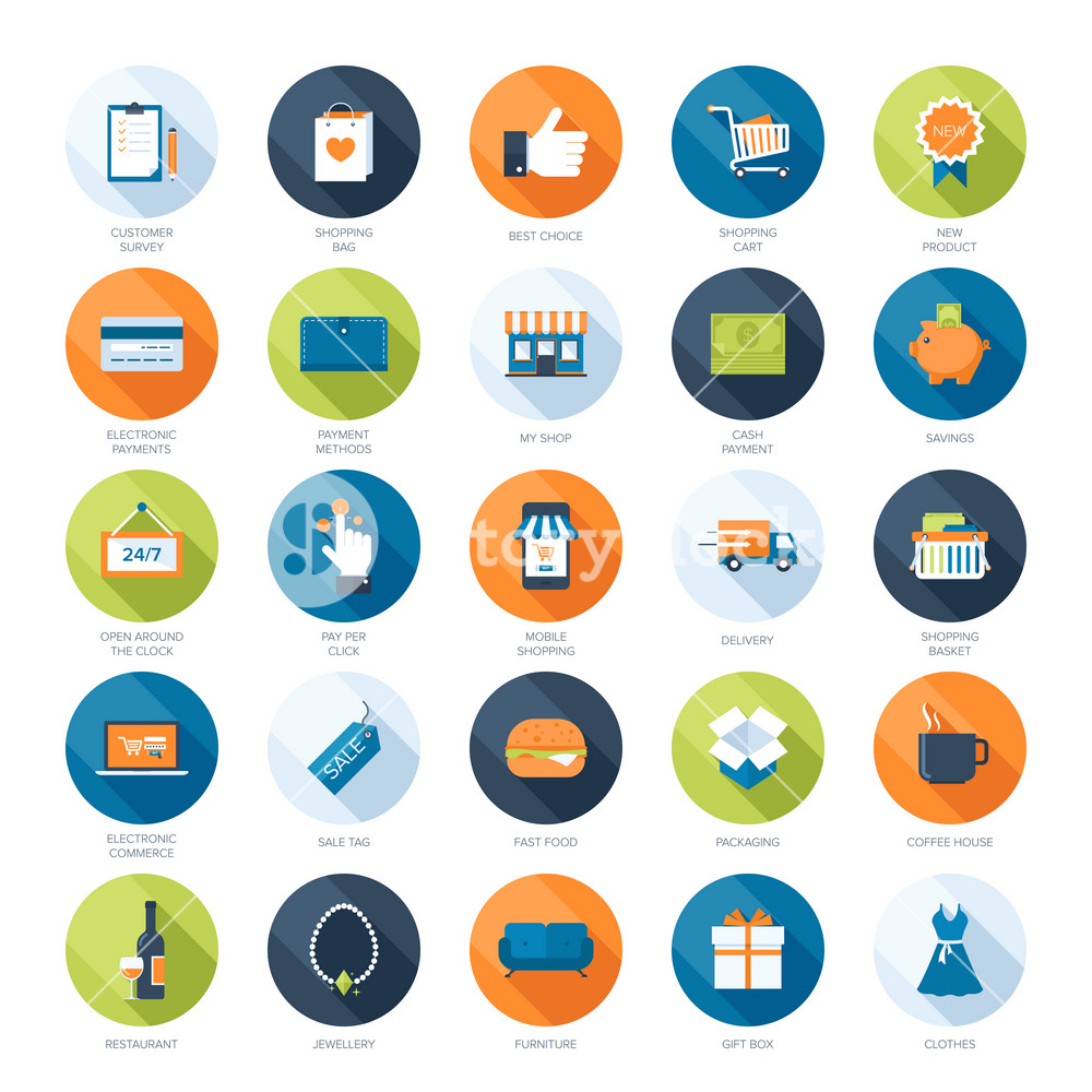 Vector collection of modern flat and colorful shopping icons with long ...