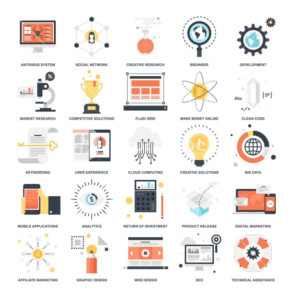 Vector set of SEO and development flat web icons. Illustration graphic ...