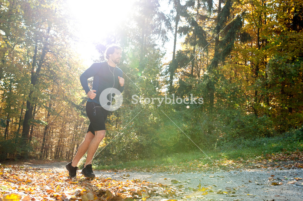 Young runner with earphones enjoying music in sunny autumn nature