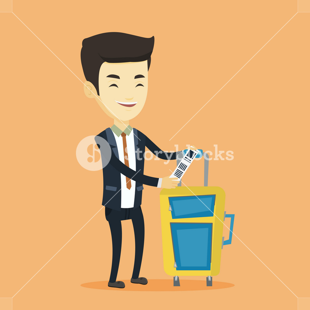 Traveler with insurance tag. Business class passenger by suitcase with priority tag. Business person displaying luggage tag. Vector illustration. Square layout.