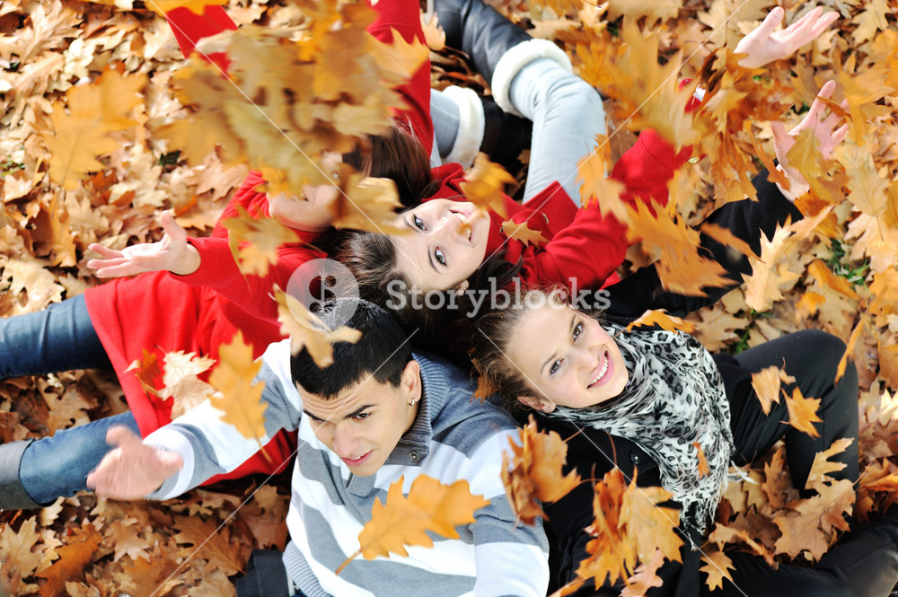 Joyful group of young friends enjoying autumn in the park Royalty-Free ...