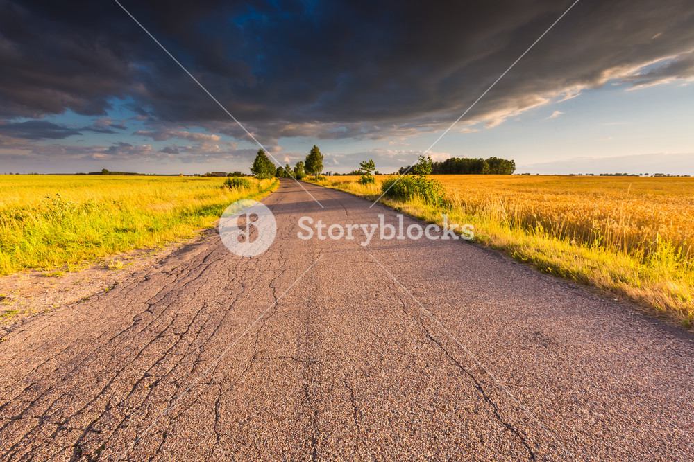 Rural summer landscape with scenic road and fields. Beautiful ...