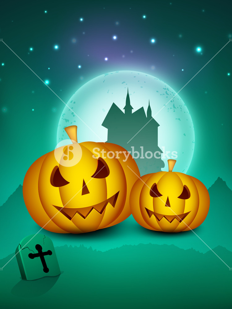 Scary Halloween Full Moon Night Background With Pumpkins And Haunted ...