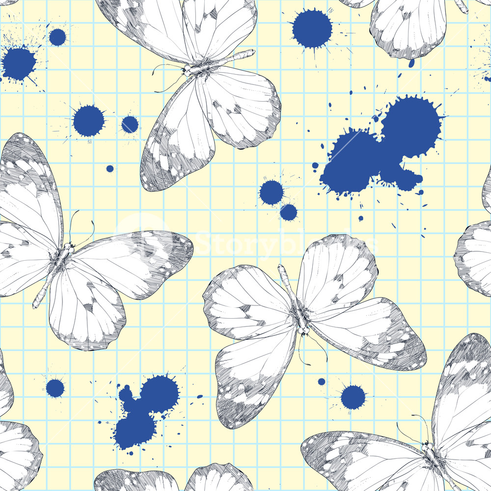 Seamless Pattern With Realistic Hand-draw Of A Monarch Butterfly And ...