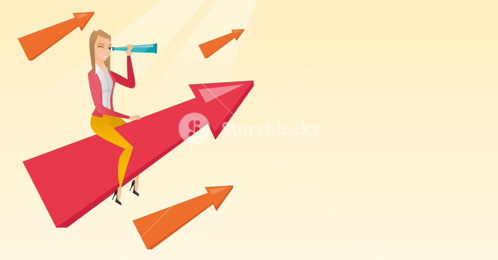 Caucasian business woman using spyglass for searching of opportunities. Businesswoman searching for opportunities. Business opportunities concept. Vector flat design illustration. Horizontal layout.