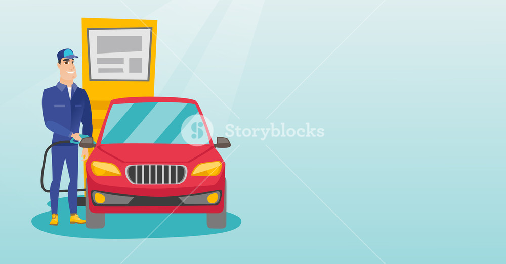 Gas station worker fueling a car. Smiling worker in workwear. Young worker refueling a car. Vector flat design illustration. Horizontal layout.