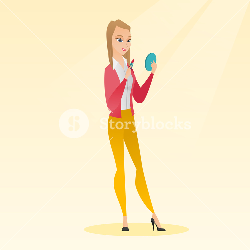 Woman applying lipstick and looking in hand-mirror. Vector flat design illustration. Square layout.